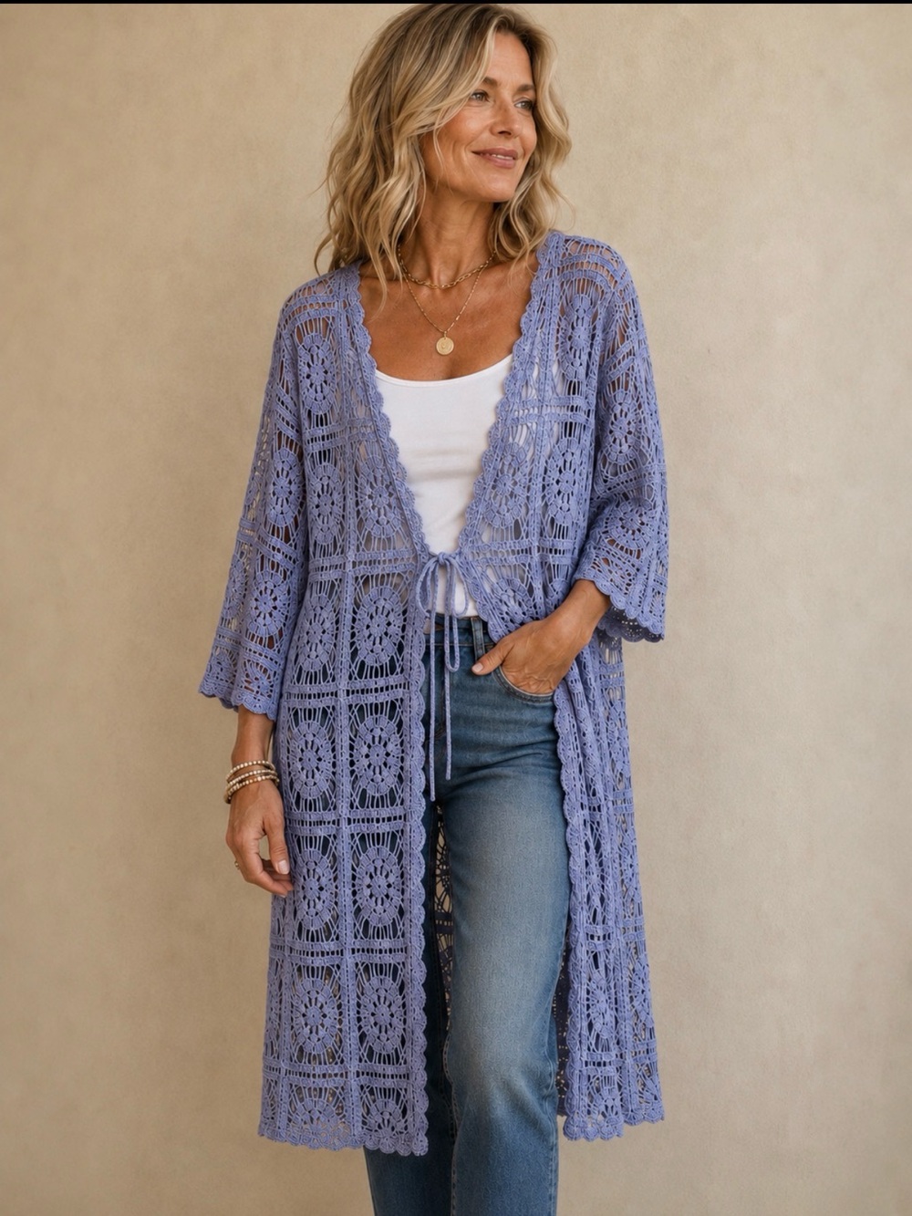Kimono by Raj Dusty Blue Crochet Boho